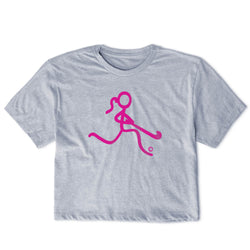 Gray t-shirt with a pink field hockey figure on a white background
