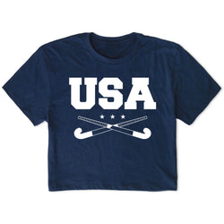 Navy blue t-shirt with 'USA' and field hockey crossed sticks graphic on a white background