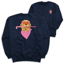 Navy blue sweatshirt with a dog graphic on the back, featuring golden retriever wearing a pink bandana and sunglasses with a field hockey stick.