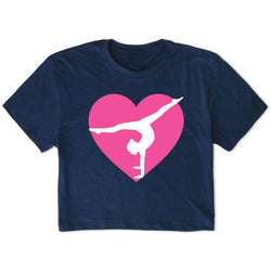 Navy blue t-shirt with a pink heart and white silhouette of a person doing gymnastics on a white background