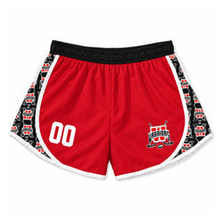 Red athletic shorts with a black elastic waistband, white piping, side panels with a black-and-white patterned print, a large white '00' on the left leg, and a 'WARRIORS' hockey logo on the right leg.