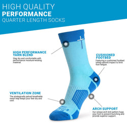 A single light blue and royal blue crew sock with a white/blue cross on the cuff, shown on a white background.