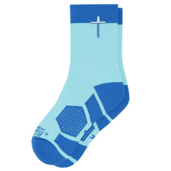 A pair of athletic crew socks in light blue and royal blue, featuring a small white/blue cross on the upper cuff and textured geometric patterns on the foot.