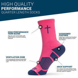 A single crew-length athletic sock in bright pink with navy blue accents, including a cross emblem on the upper cuff, a reinforced heel area, and a textured striped arch support zone on the foot, shown against a plain white background.