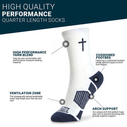 A single white crew sock with navy blue accents, featuring a navy cross on the upper sock and navy text on the toe area, shown against a plain white background.