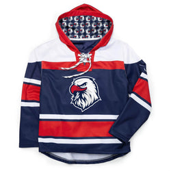 Hockey-themed hoodie with eagle logo on a white background