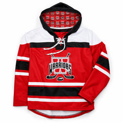 A red, black, and white hockey-themed hooded sweatshirt featuring a large 'WARRIORS' graphic with crossed hockey sticks and skates on the chest, set against a plain white background.