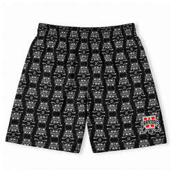 Black and white patterned athletic shorts featuring a repeating design and a red and white 'Warriors' logo on the lower left leg, displayed on a clean white background.