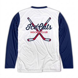 White and navy long-sleeve athletic shirt shown from the back, featuring a large graphic of crossed hockey sticks and the text 'Ice Cats HOCKEY CLUB' in navy and red.