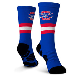 Blue socks with red and white stripes and 'Nauset Hockey' logo on a white background