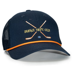 Navy blue cap with orange accents and text on a white background