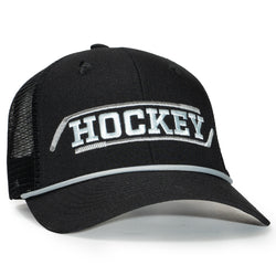 Black hockey cap with 'Hockey' text on a white background