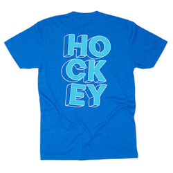 Royal blue t-shirt with 'Hockey' text on the back against a white background