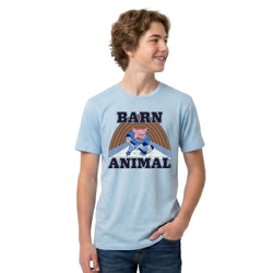 Person wearing a light blue t-shirt with 'Barn Animal' graphic design on a white background