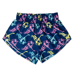 Navy shorts with colorful hockey girl graphic on a white background