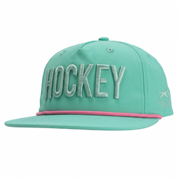 Teal cap with 'HOCKEY' text and pink rope on a white background