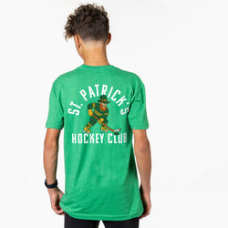 Person wearing a green t-shirt with 'St. Patrick's Hockey Club' design on the back.