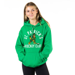 Person wearing a green hoodie with 'St. Patrick's Hockey Club' text and graphic on a white background