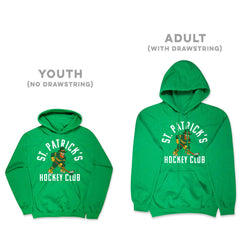Two green hoodies with 'St. Patrick's Hockey Club' text and graphics
