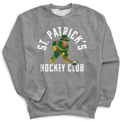 Gray sweatshirt with St. Patrick's Hockey Club design featuring a hockey player and text.