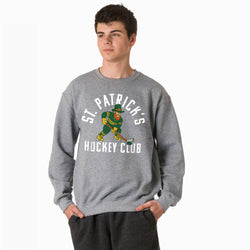 Person wearing a gray sweatshirt with 'St. Patrick's Hockey Club' design on a white background