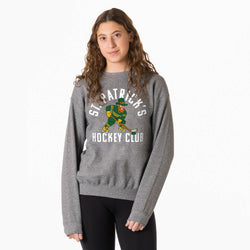 Person wearing a gray sweatshirt with 'St. Patrick's Hockey Club' text and graphic on a white background