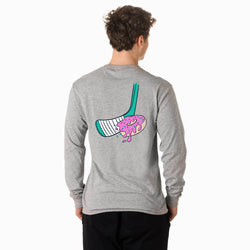 Person wearing a gray long-sleeve shirt with a colorful hockey donut graphic on the back