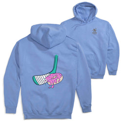 Light blue hoodie with a unique design on the front and back, featuring a hockey stick and donut