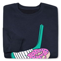 Folded navy blue sweatshirt with a colorful graphic of a donut and hockey stick on a white background