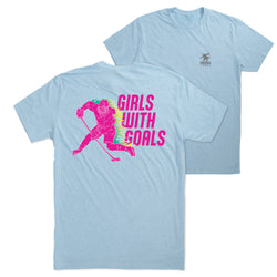 Light blue t-shirt with a graphic of a hockey player and 'Girls with Goals' text on a white background