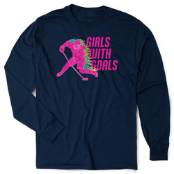 Navy blue long-sleeve shirt with pink graphic design and 'Girls with Goals' text on a white background
