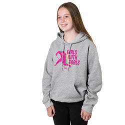 Girl wearing a gray hoodie with 'Girls with Goals' text and graphic on a white background