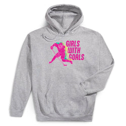 Gray hoodie with pink graphic and 'Girls with Goals' text on a white background