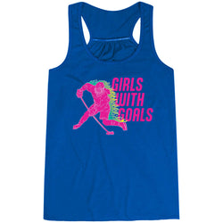 Blue tank top with a graphic of a hockey player and 'Girls with Goals' text on a white background