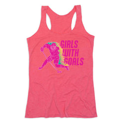 Pink tank top with graphic design and text 'Girls with Goals' on a white background