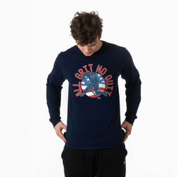 Person wearing a navy blue long-sleeve shirt with 'Fear The Keeper' hockey graphic design on a white background