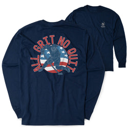 Navy blue long-sleeve shirt with hockey graphic design and 'All Grit No Quit' text on a white background