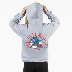 Gray hoodie with 'All Grit No Quit' graphic on the back, worn by a person.