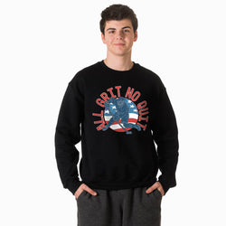 Person wearing a black sweatshirt with a graphic design on a white background