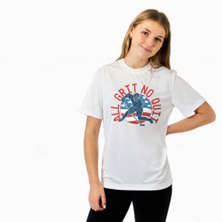 Woman wearing a white t-shirt with a graphic design and text on a white background