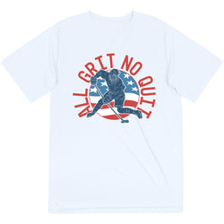 White t-shirt with a hockey player graphic and 'All Grit No Quit' text on a white background