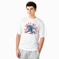 Person wearing a white t-shirt with a hockey graphic design on a white background