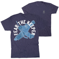 Navy blue t-shirt with hockey graphic and 'Fear The Keeper' text on a white background