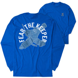 Royal blue long-sleeve shirt with 'Fear The Keeper' graphic design on a white background