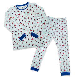 A two-piece children's pajama set featuring a long-sleeve top and matching pants. The pajamas are light blue with an all-over repeating pattern of red and black hockey figures, accented with solid blue trim on the collar, cuffs, and ankles.