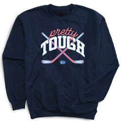 Navy blue sweatshirt with 'pretty tough' text and hockey graphics on a white background