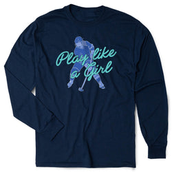 Navy blue long-sleeve shirt with hockey player graphic and 'Play like a girl' text on a white background
