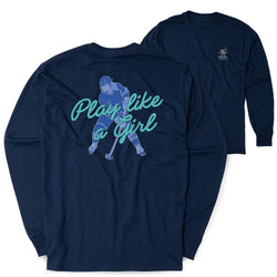 Navy long-sleeve shirt with graphic of hockey player and 'Play like a girl' text on a white background
