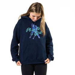 Person wearing a navy hoodie with hockey girl text and graphics on a white background