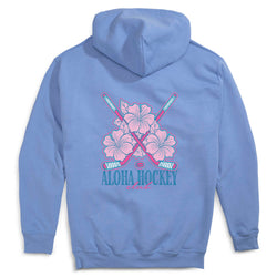 Light blue hoodie with pink floral and hockey stick design on the back, on a white background